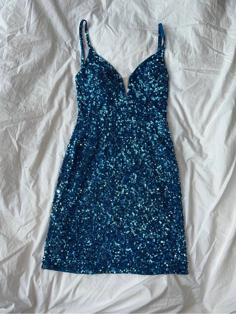 Amarra Blue Sequin Lined V-Neck Mini Dress